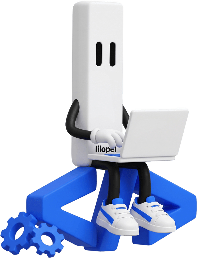 Lilo bouwt op een laptop, zittend op een groot codeteken